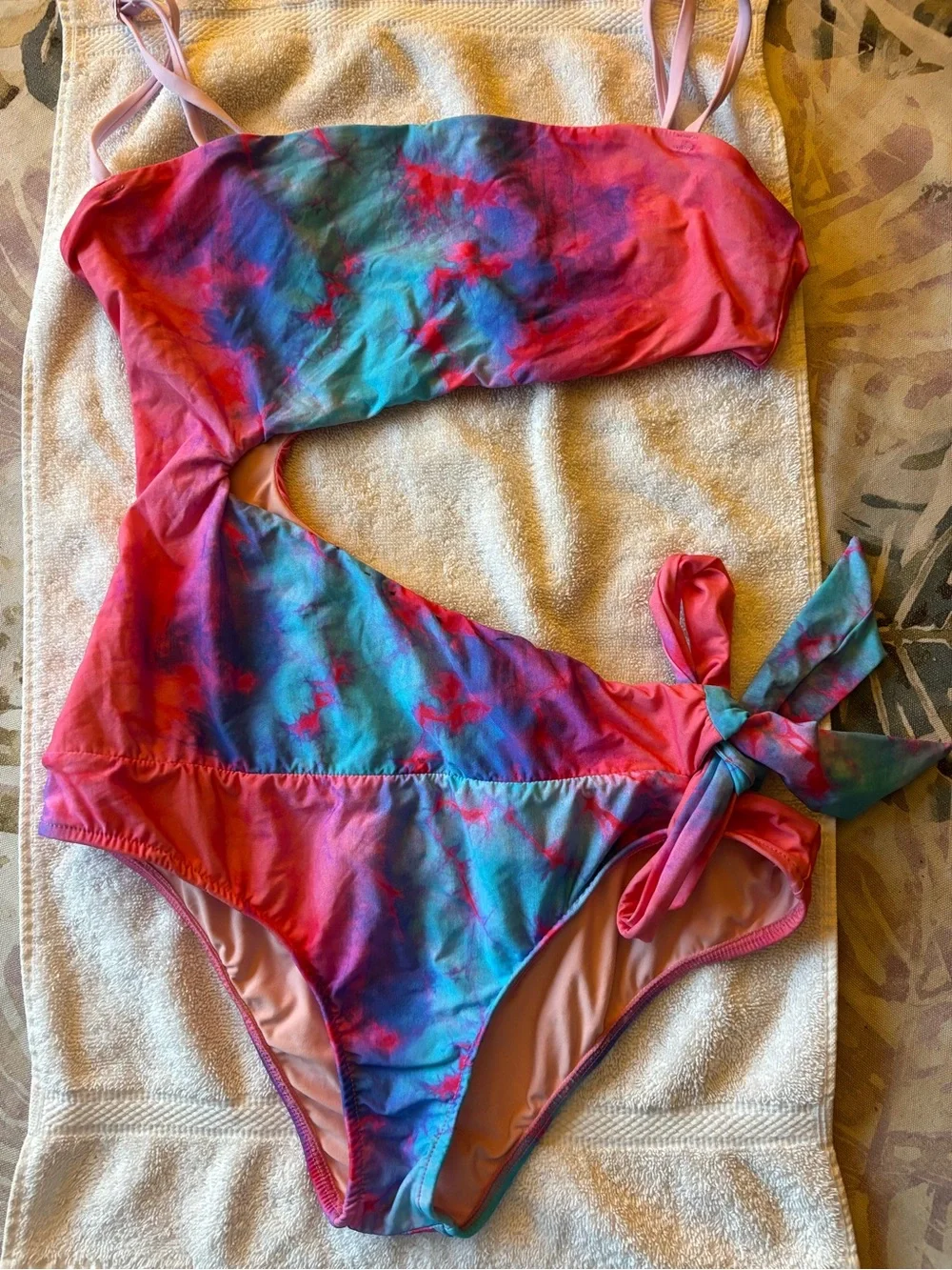 FARM Rio Pink & Blue Tie-Dye One-Shoulder Cutout Swimsuit with Side Tie